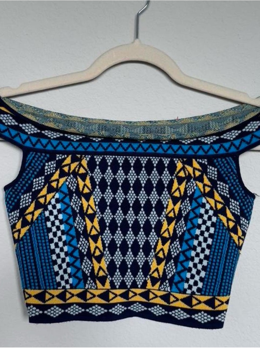 BCBGMAXAZRIA Off-Shoulder Geometric Knit Crop Top - Blue & Yellow